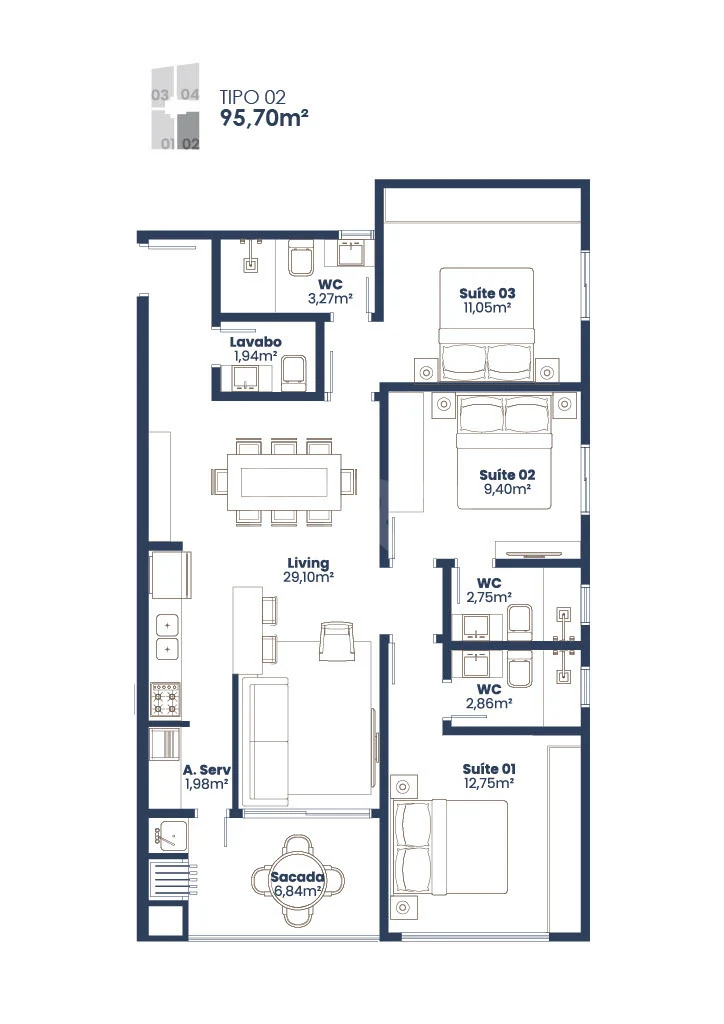 Planta — Apartamento 95,7 m²