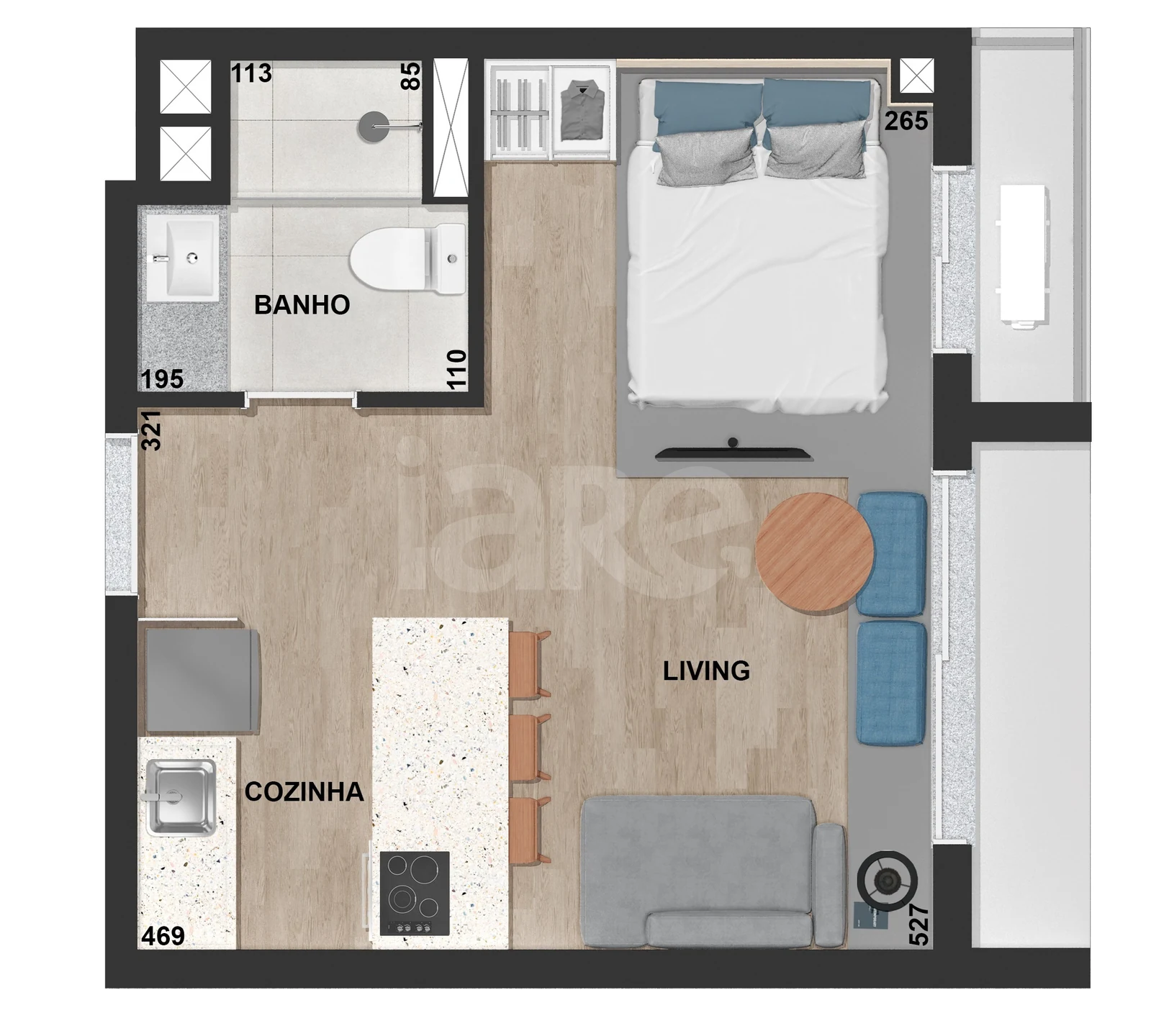 Planta — Studio 30,07 m²