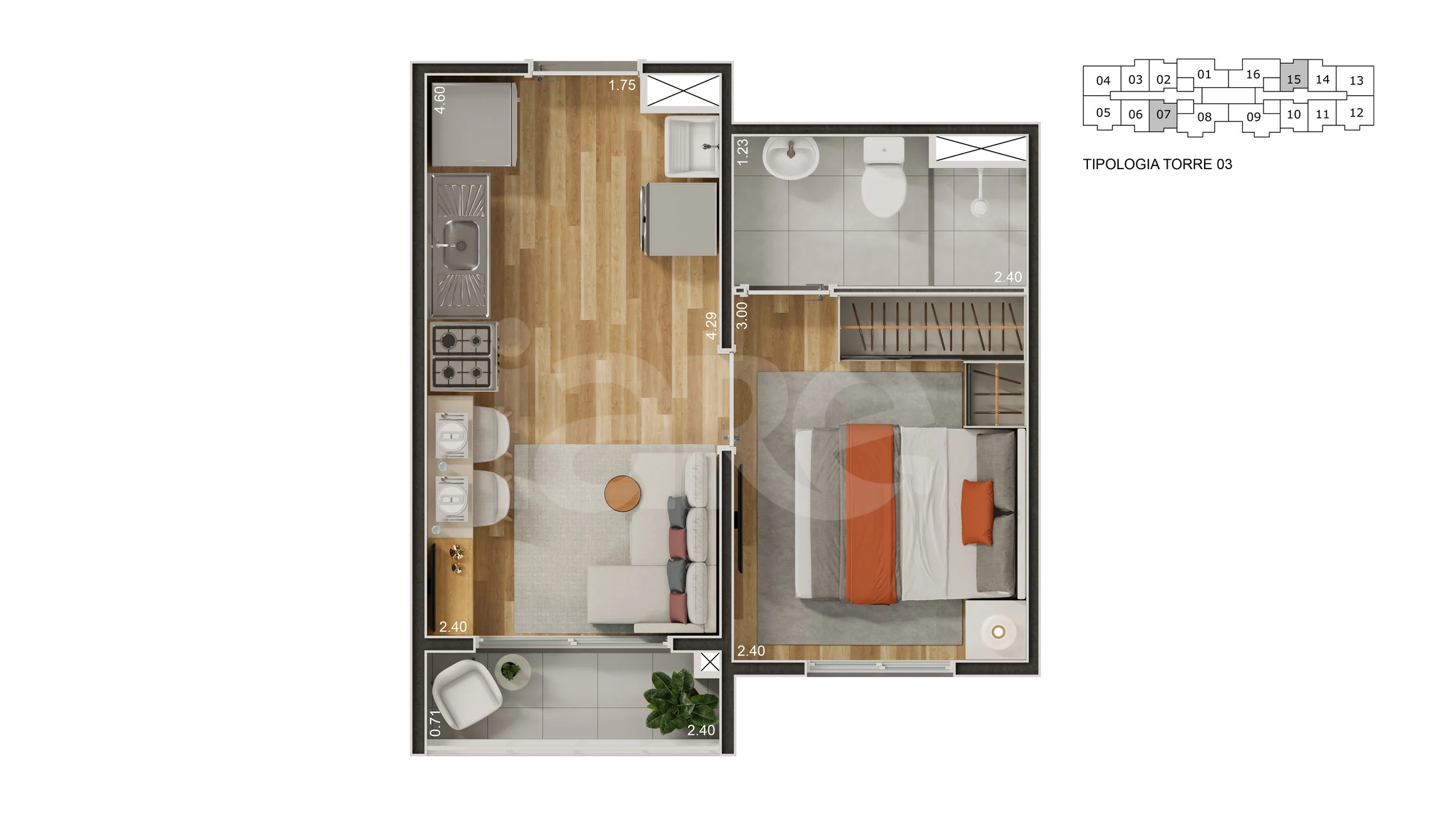 Planta — 25,74m² - 1 dorm