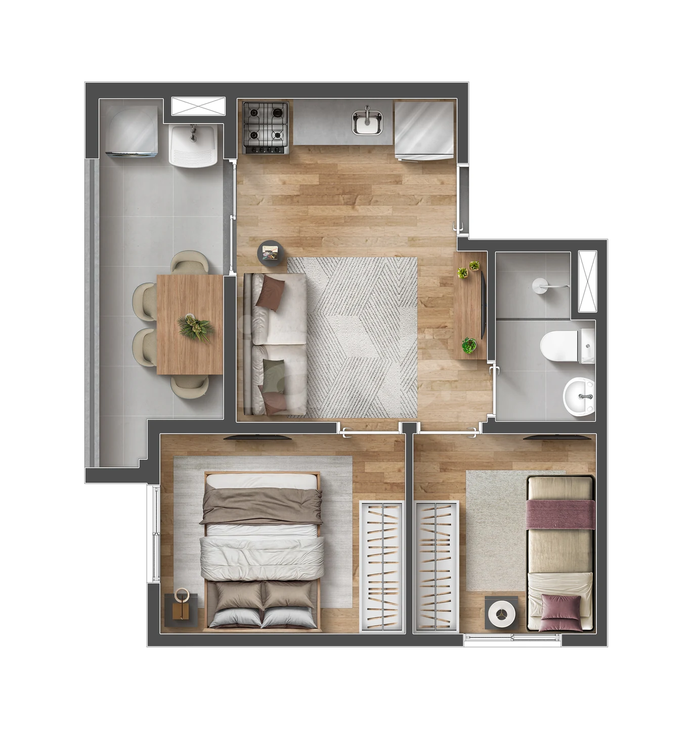 Planta — 36,76 m² 02 Dormitórios com Varanda