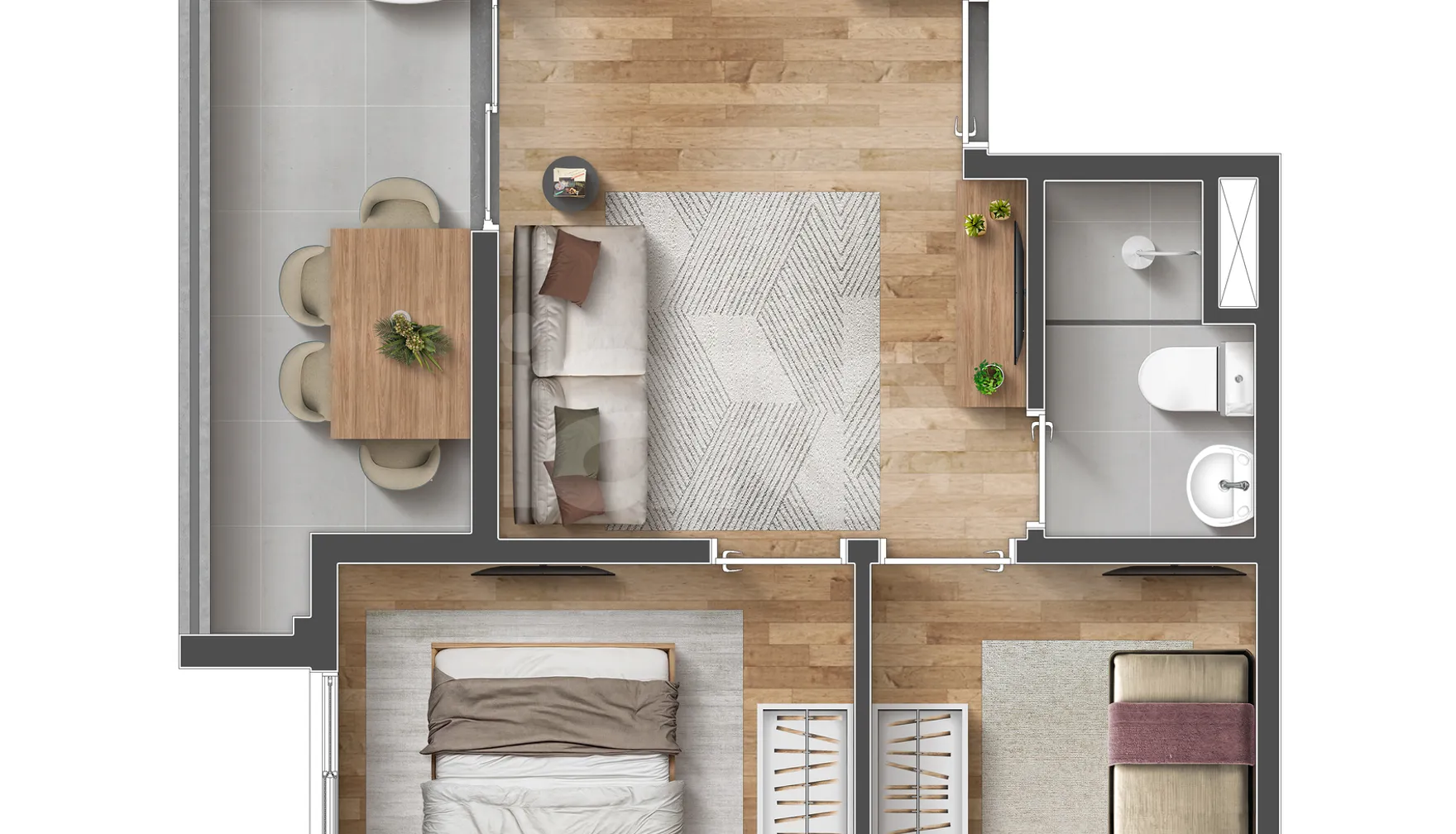 Planta — 36,76 m² 02 Dormitórios com Varanda