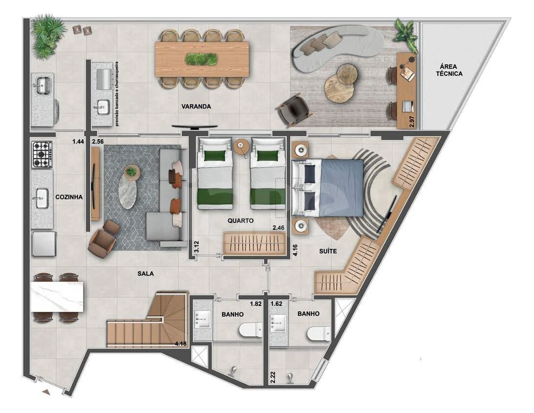 Planta — Cobertura Duplex 200,4 m² · 1º pavimento
