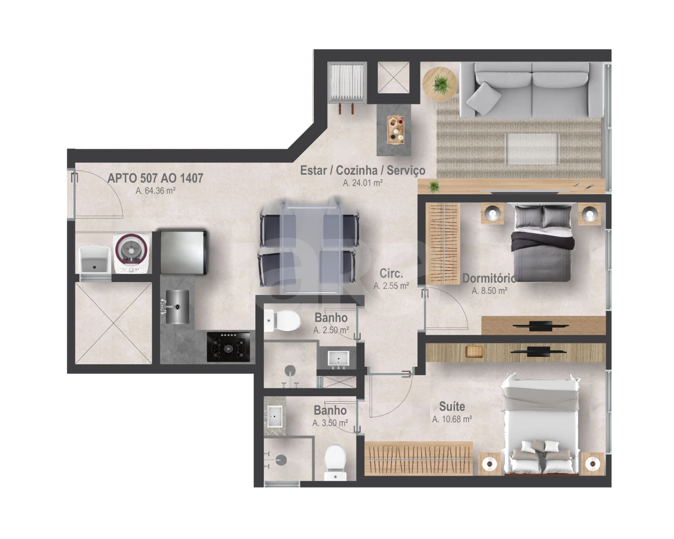 Planta — Apartamento 64,36 m²