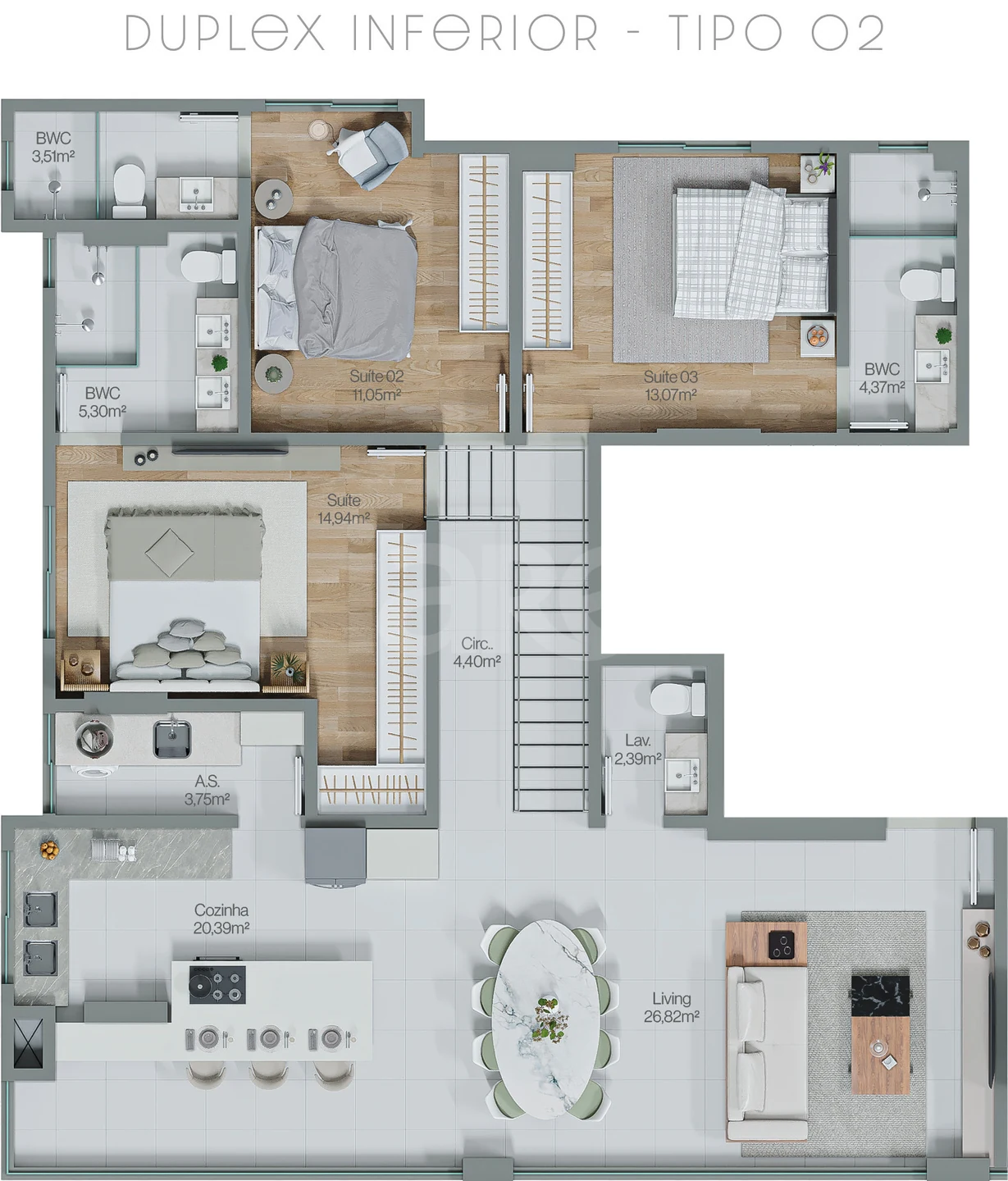 Planta — Cobertura Duplex 250 m² · 1º pavimento