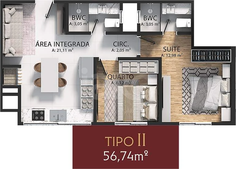 Planta — Apartamento 56,74 m²