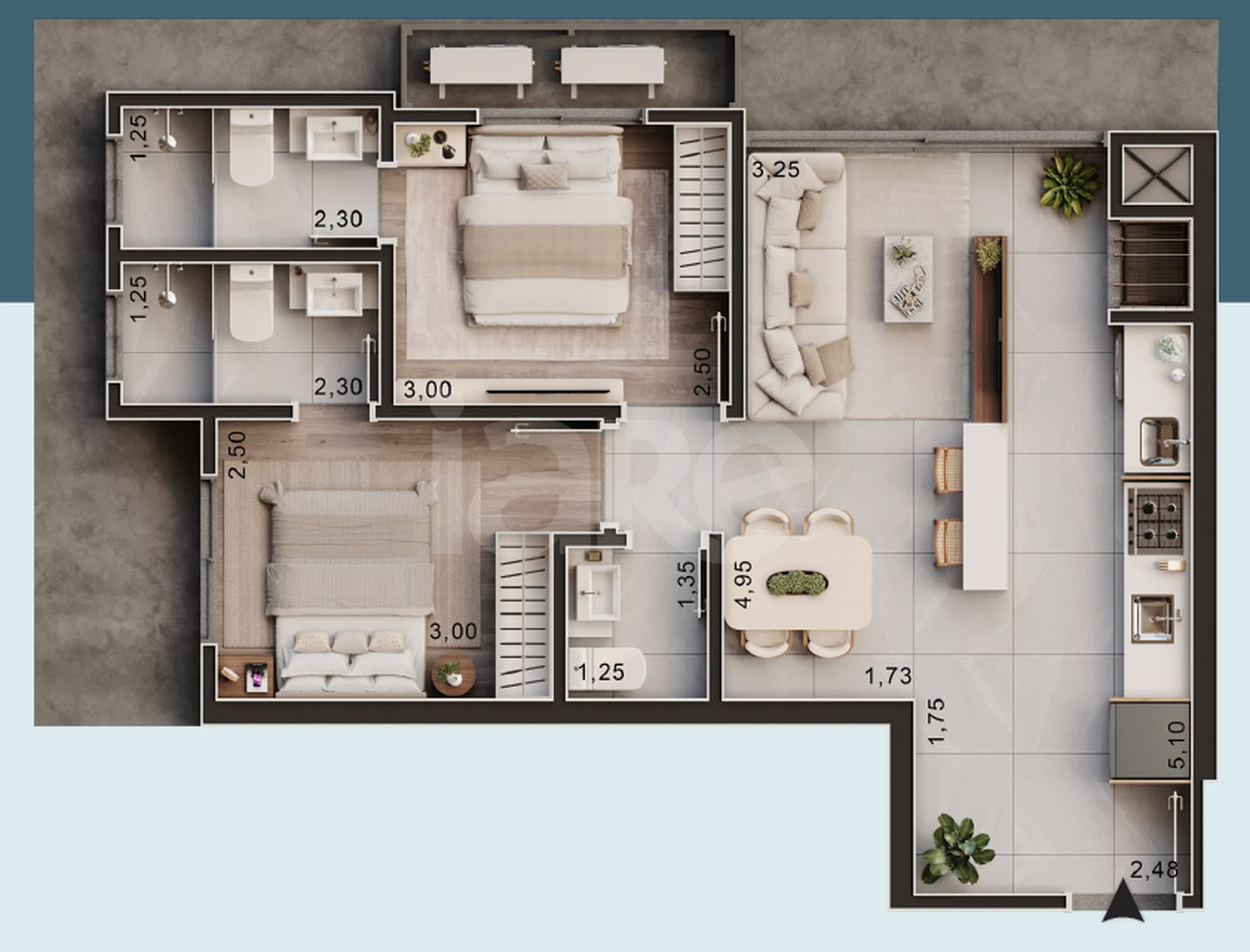 Planta — Apartamento 56,97 m²