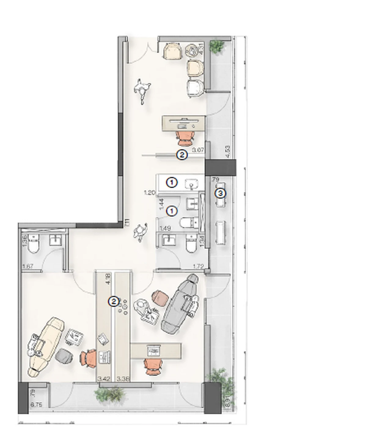 Planta — Sala 91,35 m²