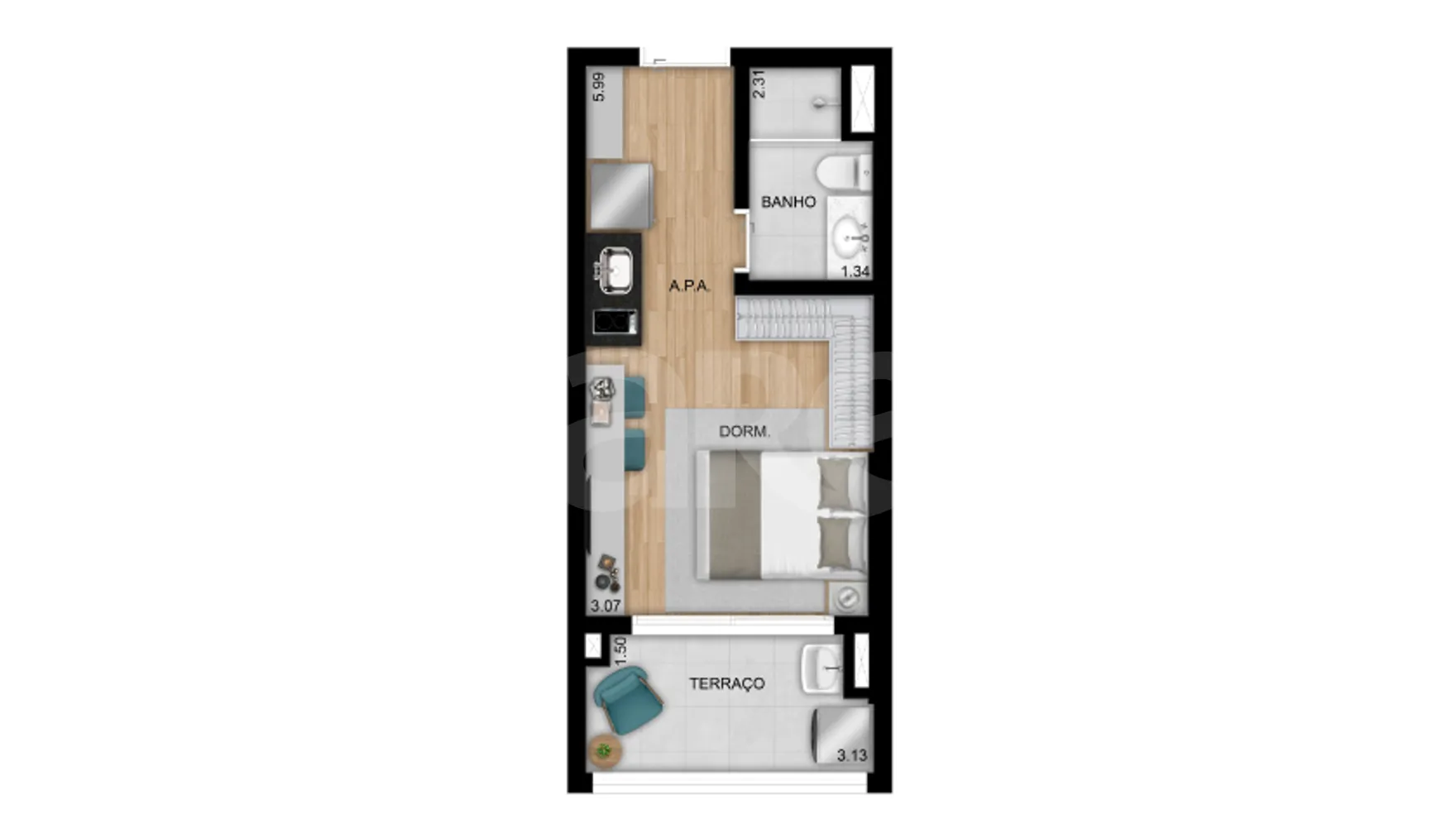 Planta — Studio 28,55 m²