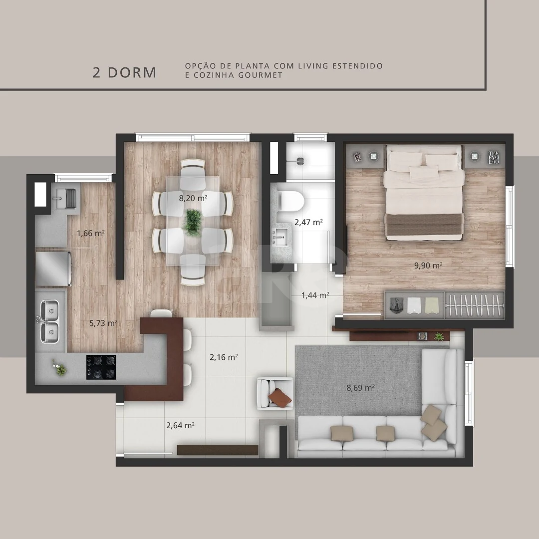 Planta — Planta 02 - 2 dorm 49 17m² - opção gourmet estendido