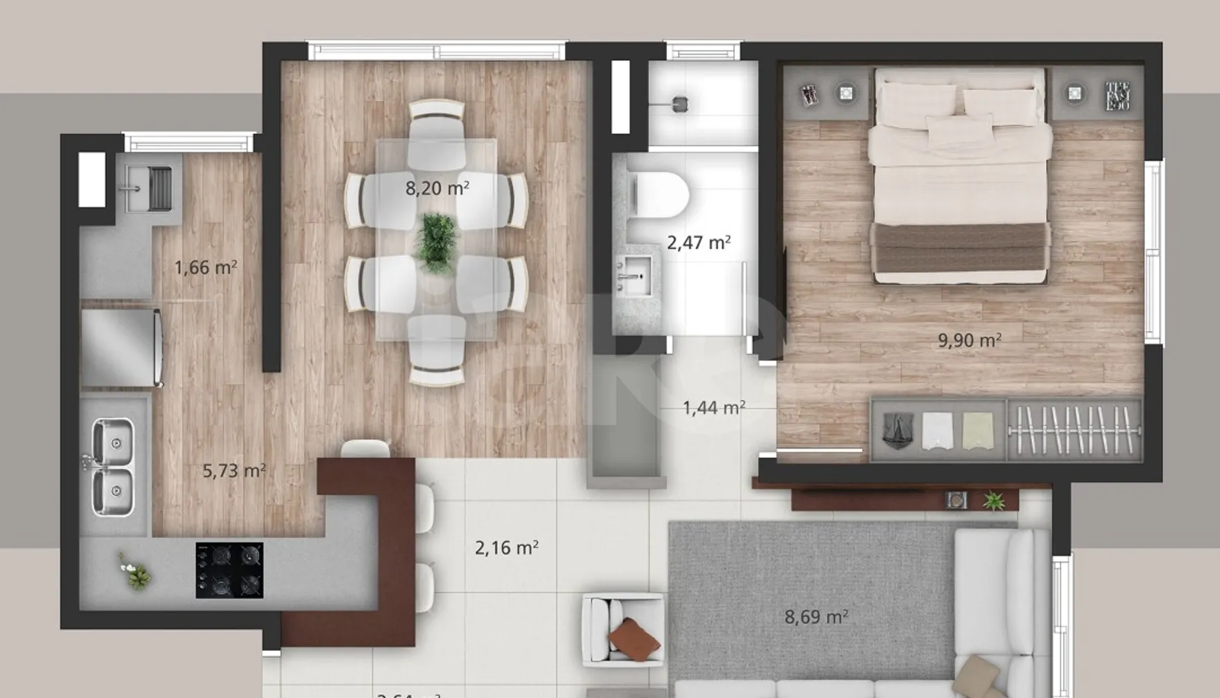 Planta — Planta 02 - 2 dorm 49 17m² - opção gourmet estendido