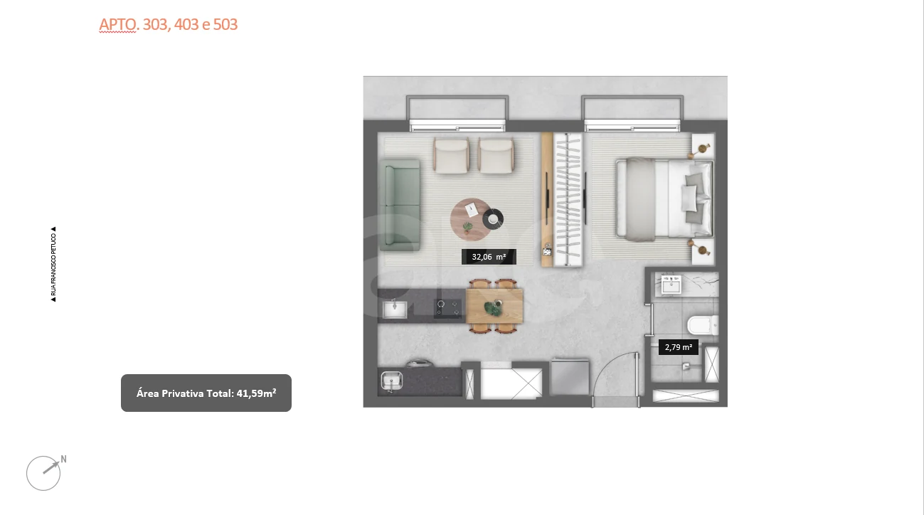 Planta — Studio 41,59 m²