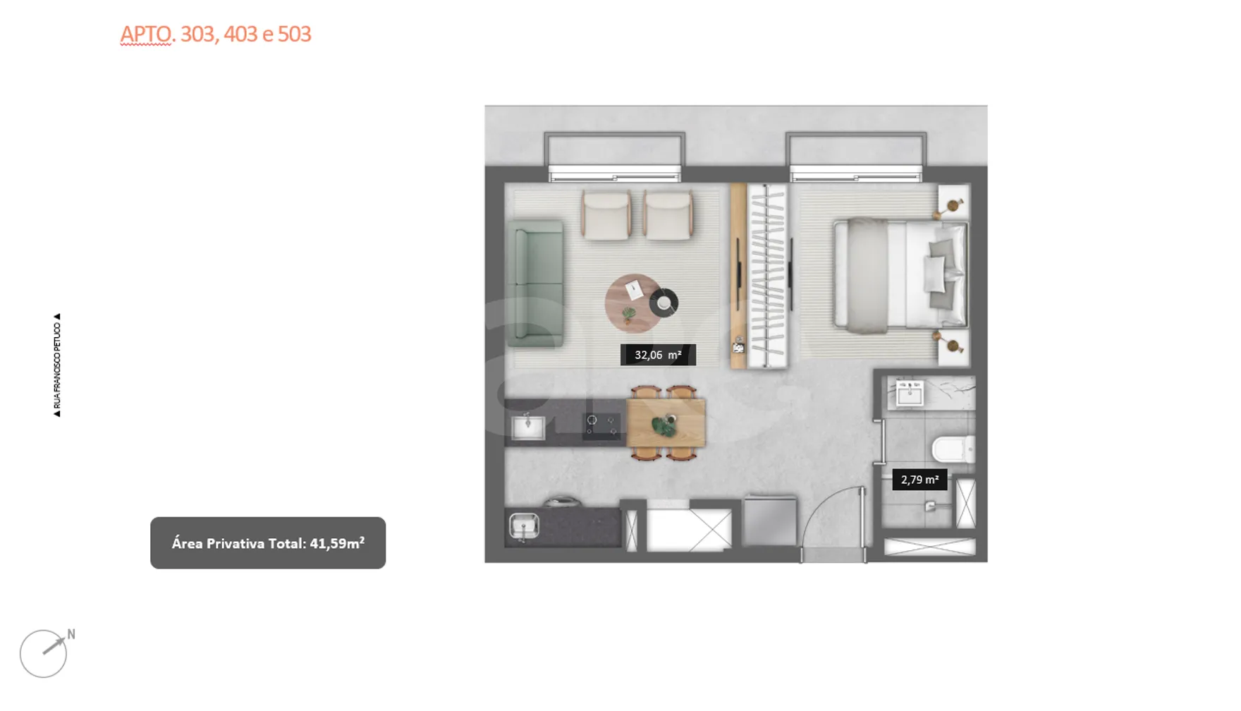 Planta — Studio 41,59 m²