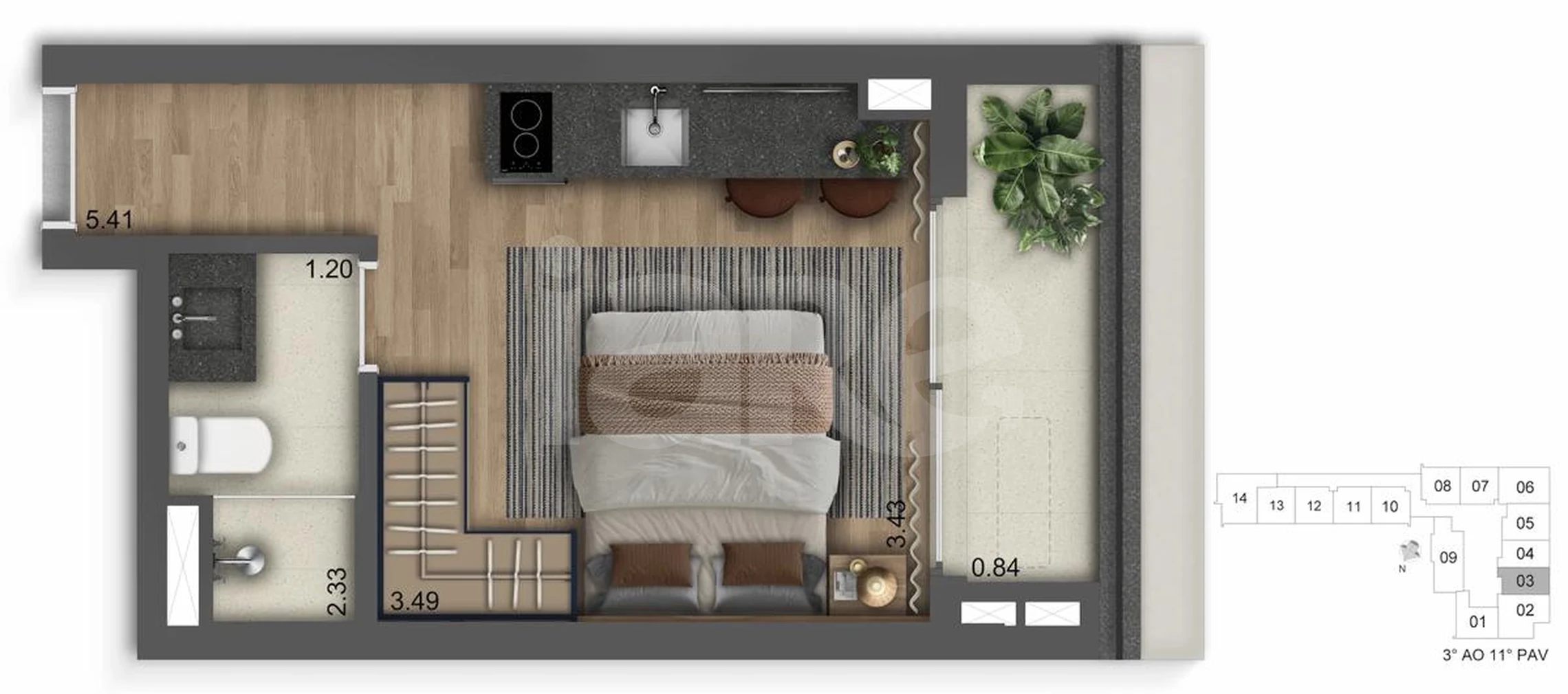 Planta — Studio 23,6 m²