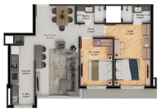Planta — Apartamento 76,6 m²