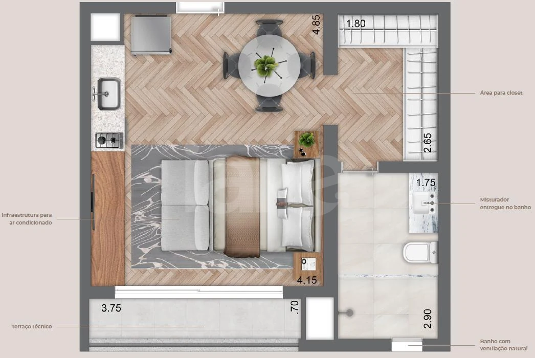 Planta — Studio 38,5 m²