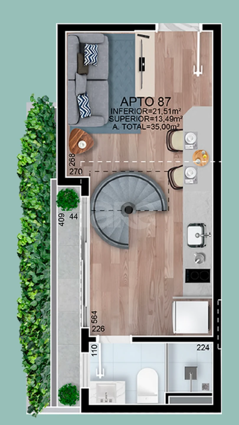Planta — Cobertura Duplex 35 m² · 1º pavimento