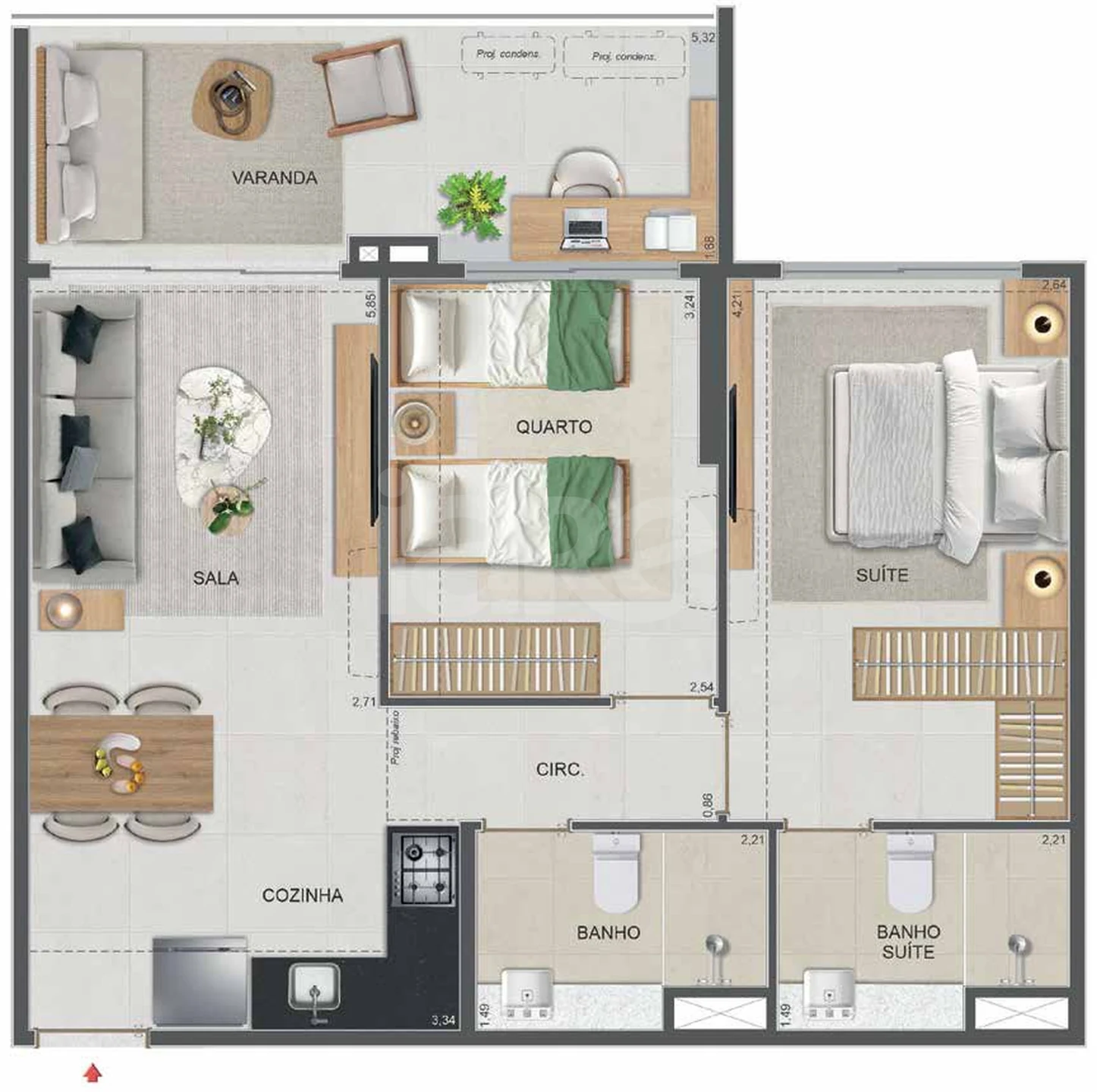 Planta — Apartamento 62,2 m² · 1º pavimento