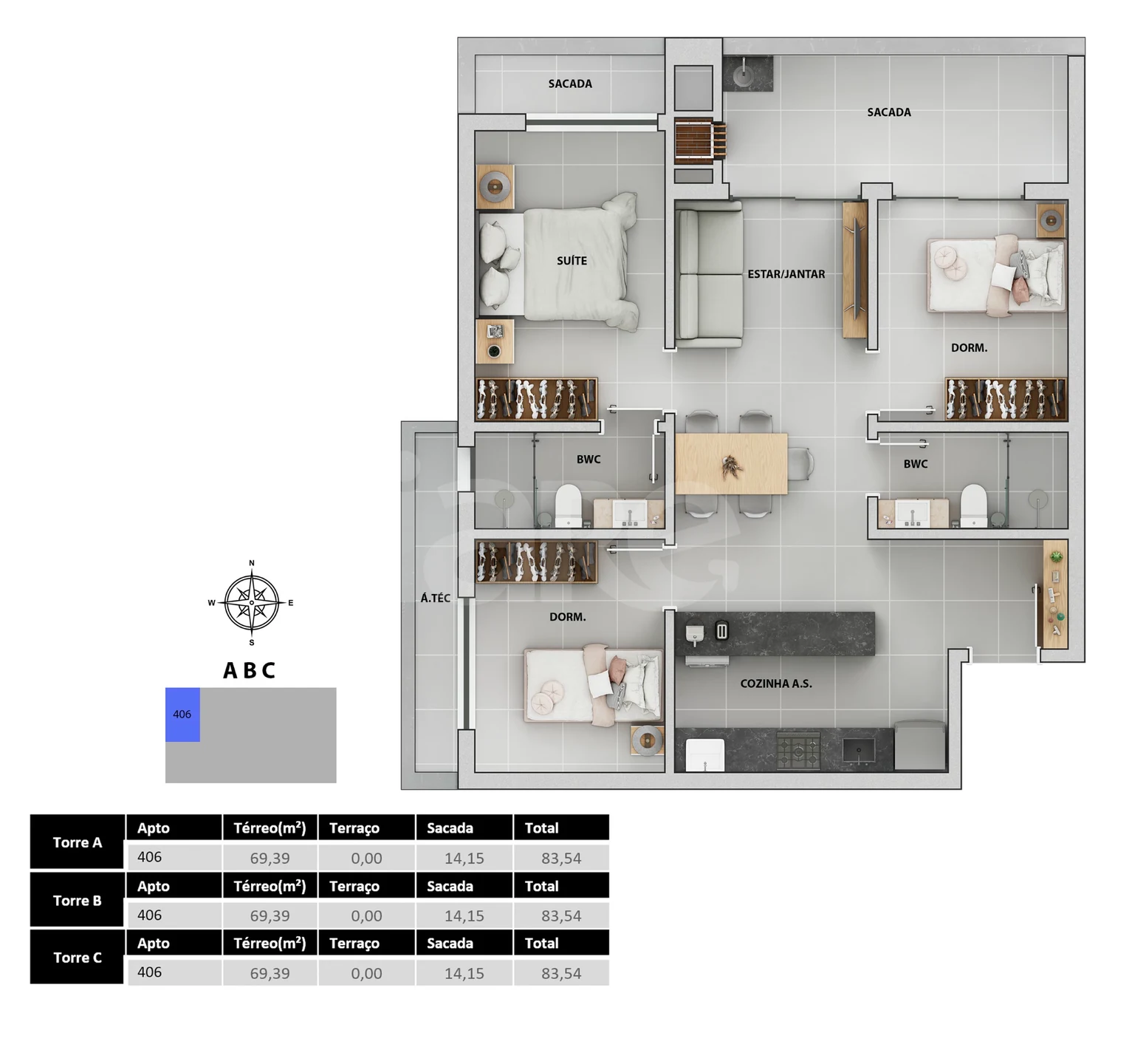 Planta — Apartamento 84,55 m²