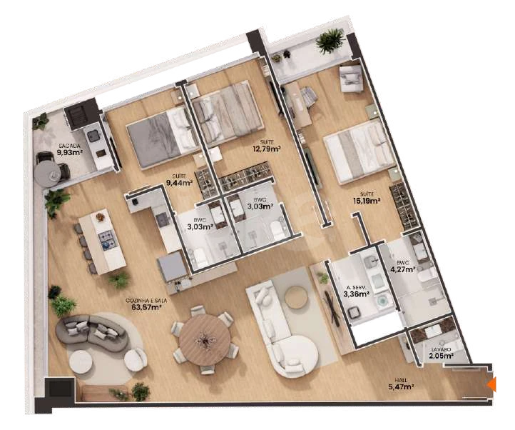 Planta — Apartamento 153,08 m² · 1º pavimento