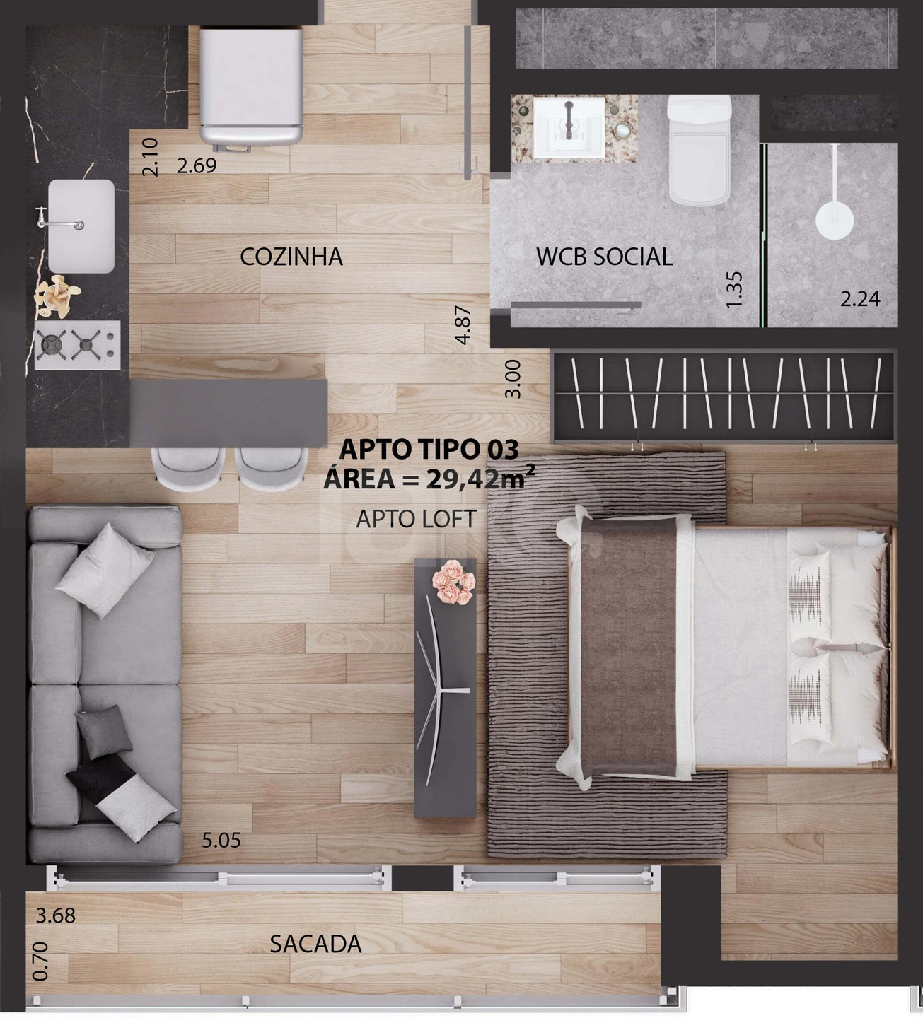 Planta — Studio 29,66 m²