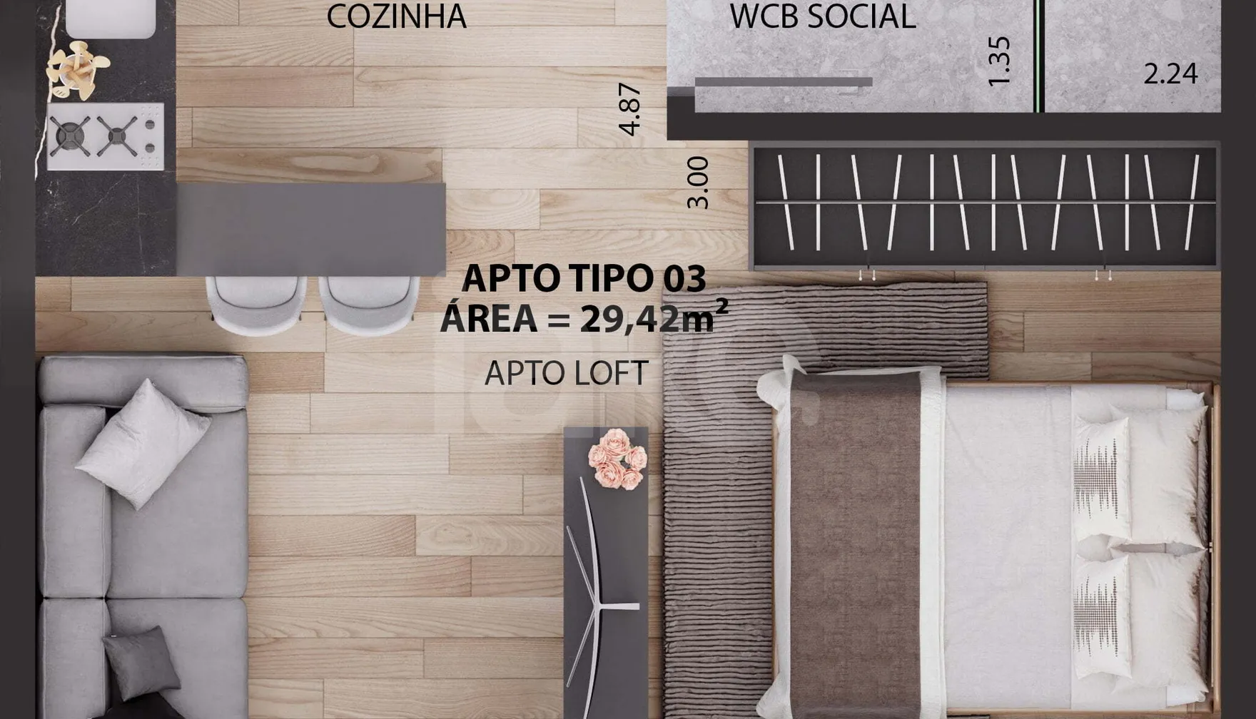 Planta — Studio 29,66 m²