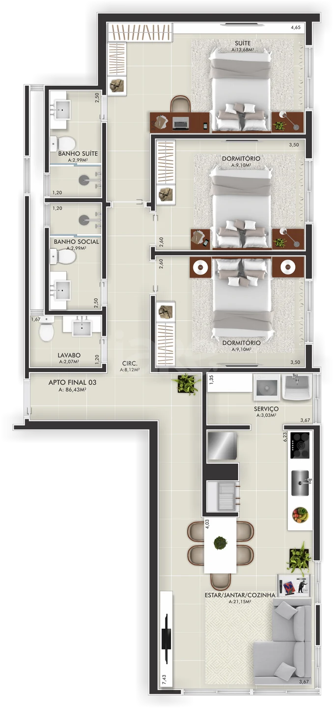 Planta — Apartamento 86,5 m²