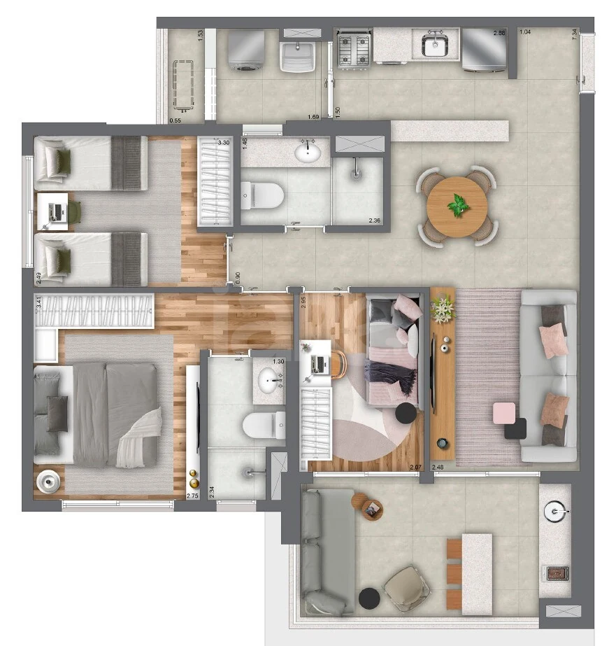 Planta — Planta 3 Dorms. – finais 1 e 4 – 88 m² (T_B)