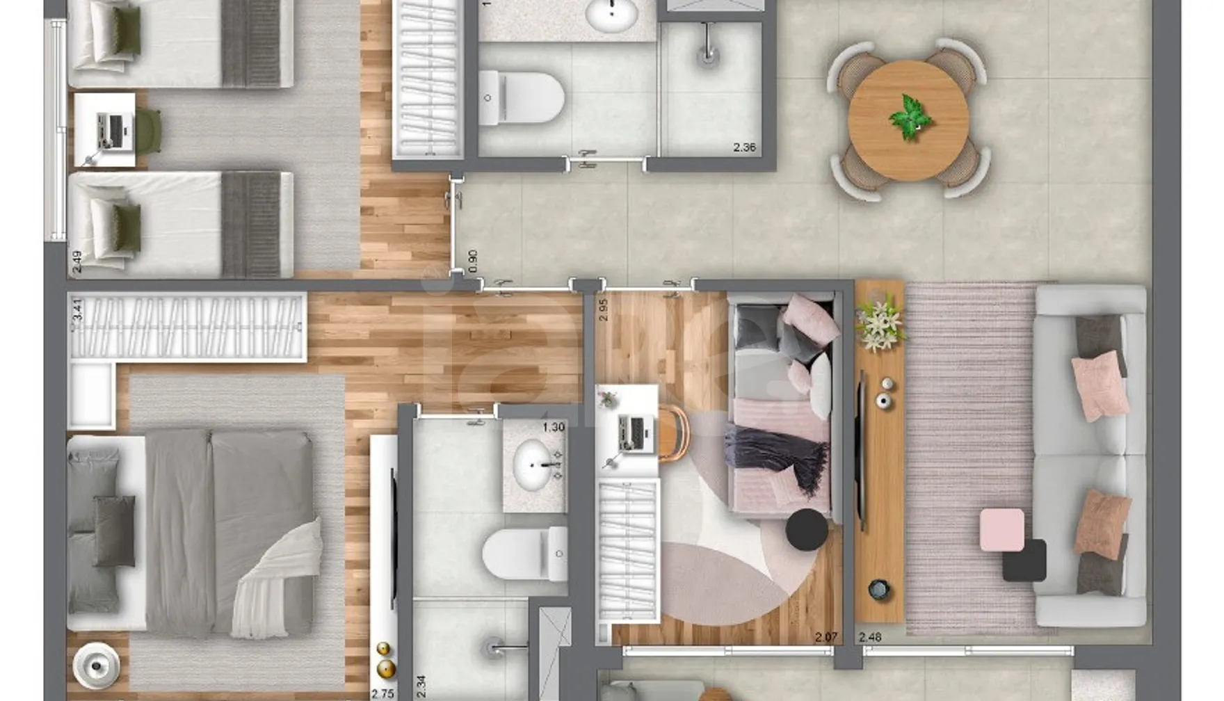 Planta — Planta 3 Dorms. – finais 1 e 4 – 88 m² (T_B)