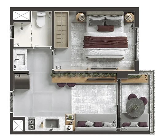 Planta — Studio 28,89 m²
