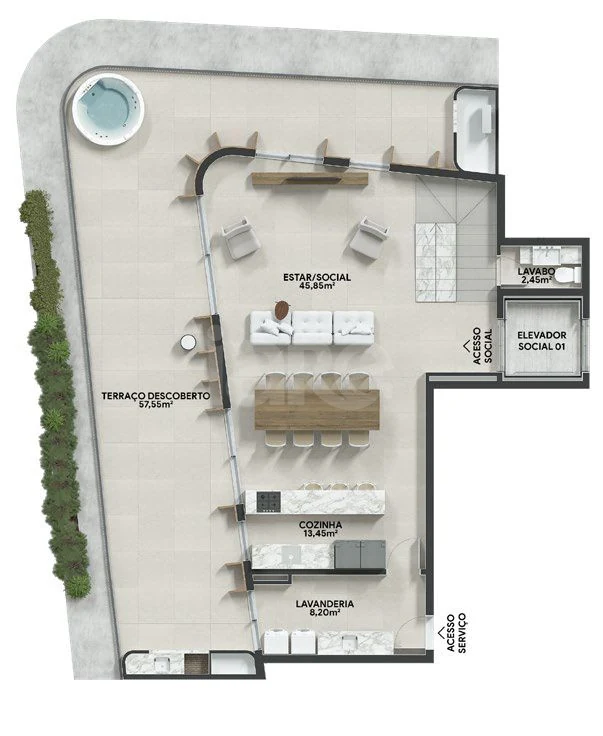 Planta — Cobertura Duplex 229,37 m² · 1º pavimento
